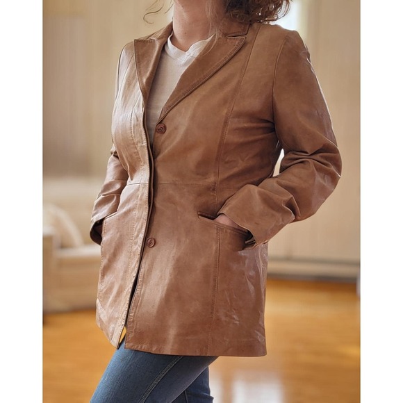Akoury Vintage Tan Genuine Leather Button Blazer Jacket - Picture 2 of 14